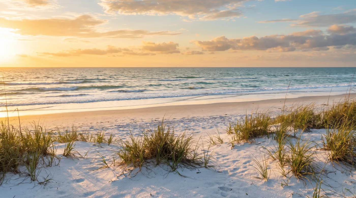 Sea oats and breaking Atlantic surf at Cocoa Beach at golden hour